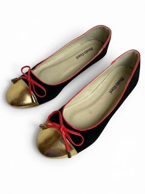 Mario Corti Black Velvet Ballet Flats Gold Cap Toe Red Bow Women’s 6.5